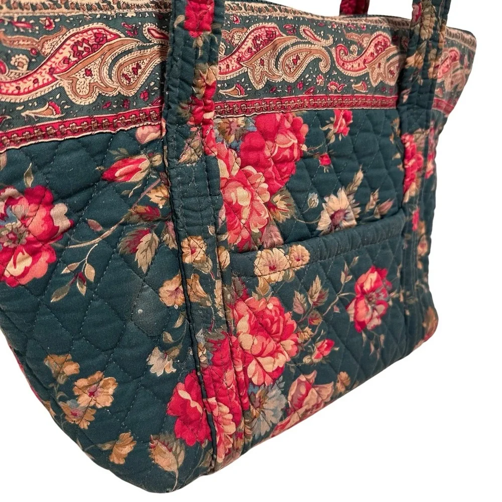 80s Vintage Vera Bradley Greenbriar Red Roses Quilted Floral Tote Shoulder Bag